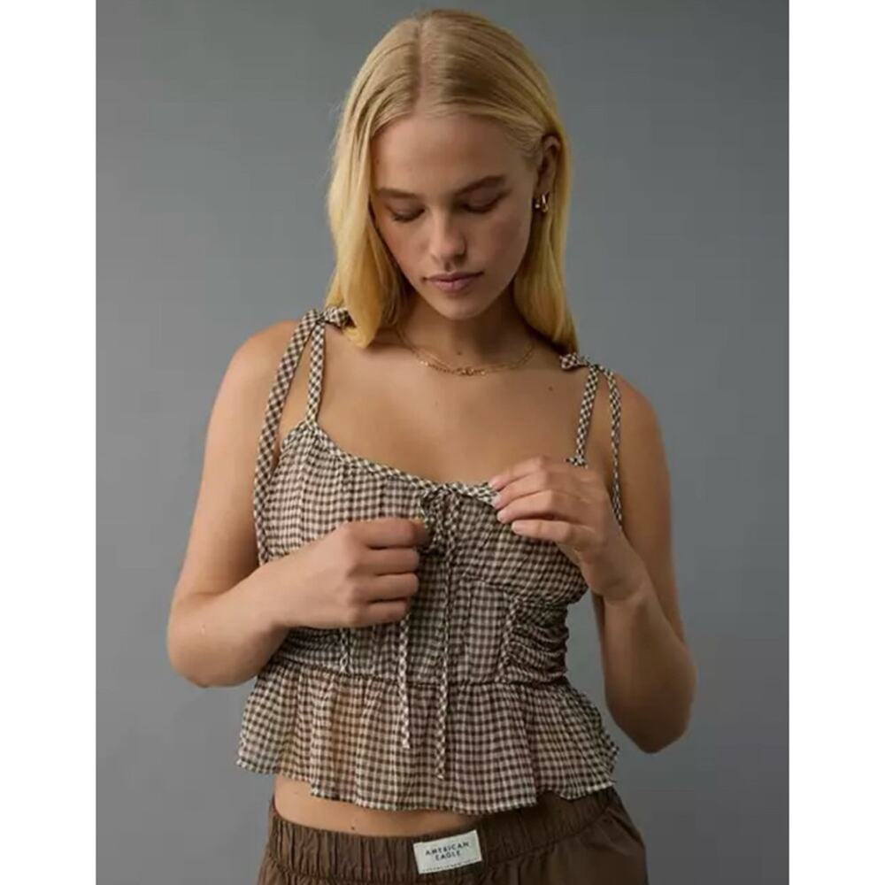 NWT American Eagle Brown White Plaid Should Tie Chiffon Babydoll Top Large - Picture 1 of 12